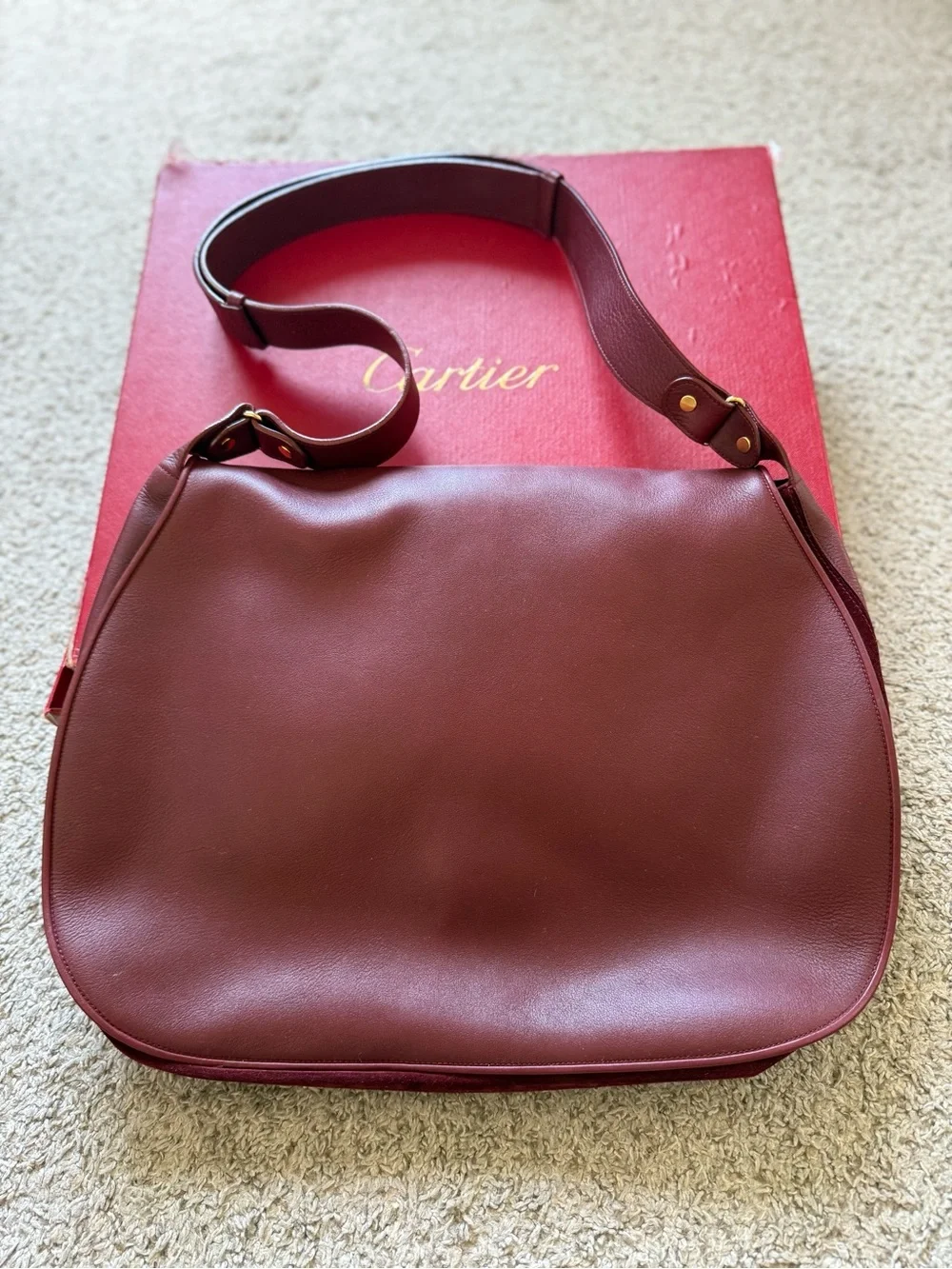 Cartier Maroon Leather Shoulder Bag with Gold-Tone Hardware